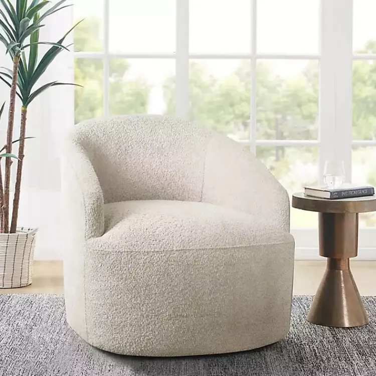 Accent Chairs-Kirklands Home Cream Boucle Barrel Swivel Accent Chair White