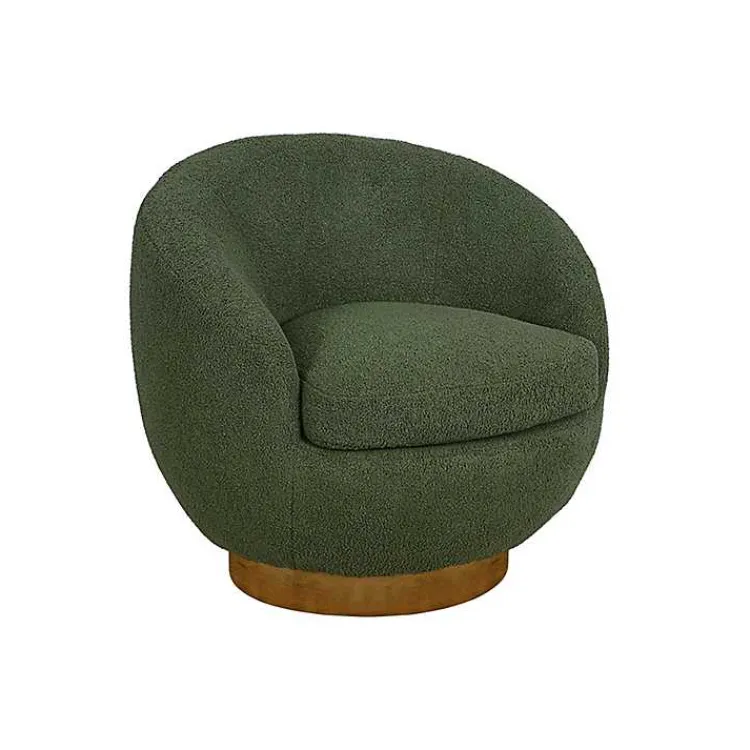 Accent Chairs-Kirklands Home Jessel Sherpa Swivel Chair with Wood Base Green