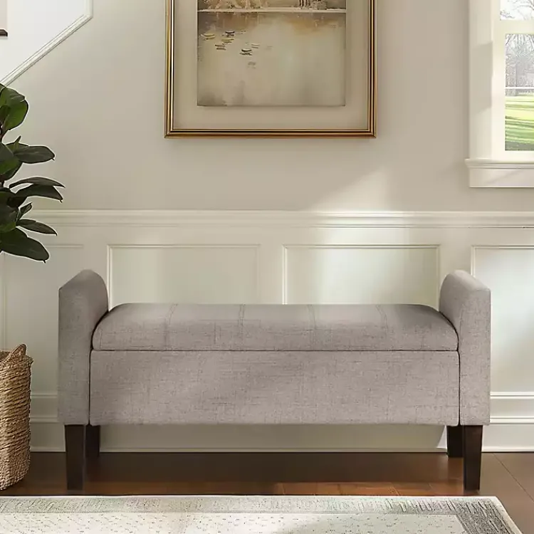 Benches & Ottomans-Kirklands Home Light Taupe Upholstered Blaire Storage Bench Tan