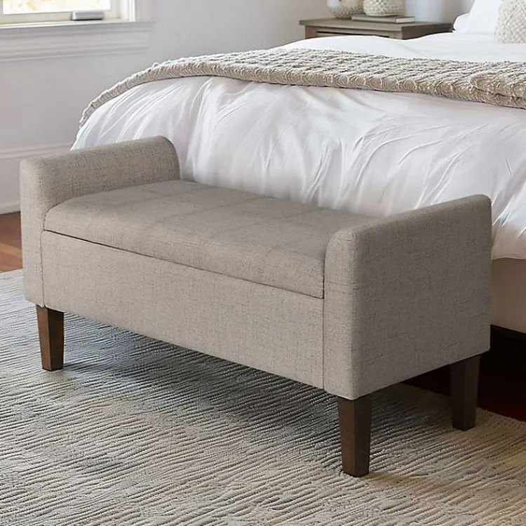 Benches & Ottomans-Kirklands Home Light Taupe Upholstered Blaire Storage Bench Tan