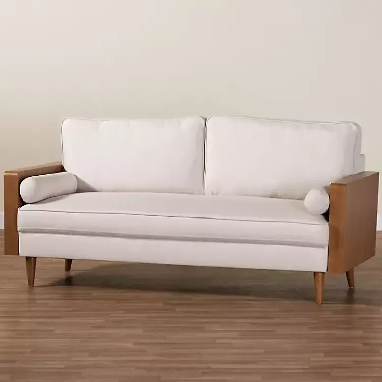 Sofas & Loveseats-Kirklands Home Beige Upholstered Harley Walnut Sofa Tan