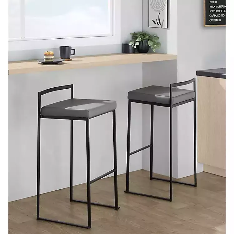 Bar Stools & Counter Height Stools-Kirklands Home Faux Leather Stackable Bar Stools, Set of 2 Gray